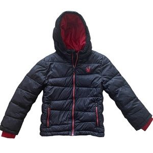 Spyder Puffer Jacket Sz XS 5/6 Ski Tubing Snowboarding Hoodie Black Red Puffy